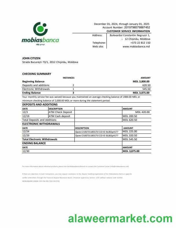 Moldova Mobiasbanca statement Word and PDF example
